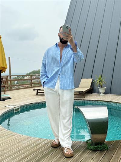 Oversize Armur İnce Çizgili Gömlek Bebe Mavisi