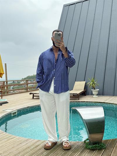 Oversize Armur İnce Çizgili Gömlek Koyu Lacivert