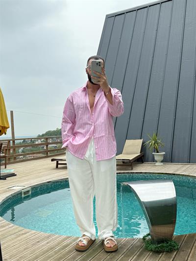Oversize Armur İnce Çizgili Gömlek Pembe