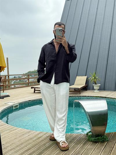 Oversize Armur İnce Çizgili Gömlek Siyah