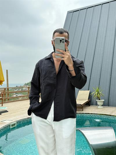 Oversize Armur İnce Çizgili Gömlek Siyah