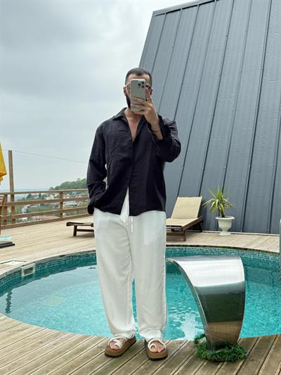 Oversize Armur İnce Çizgili Gömlek Siyah