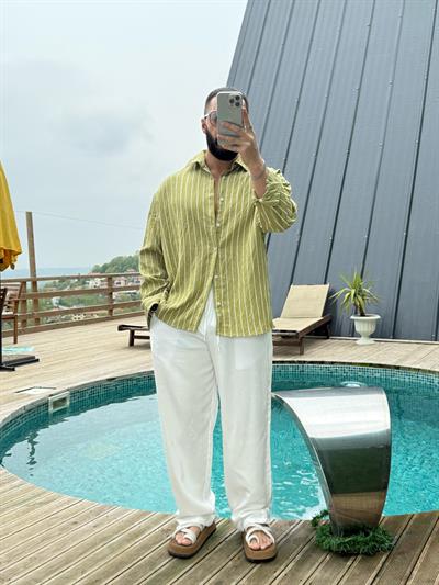 Oversize Armur İnce Çizgili Gömlek Yeşil