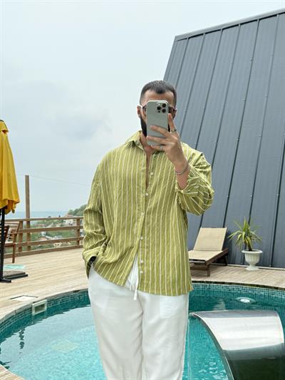 Oversize Armur İnce Çizgili Gömlek Yeşil