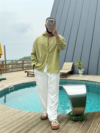 Oversize Armur İnce Çizgili Gömlek Yeşil