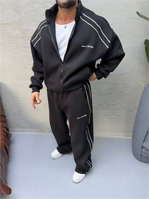 OVERSIZE ÇİFT BİYE DETAYLI EŞOFMAN TAKIMI SİYAH