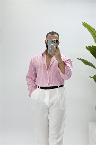 OVERSİZE ÇİZGİLİ GÖMLEK PUDRA