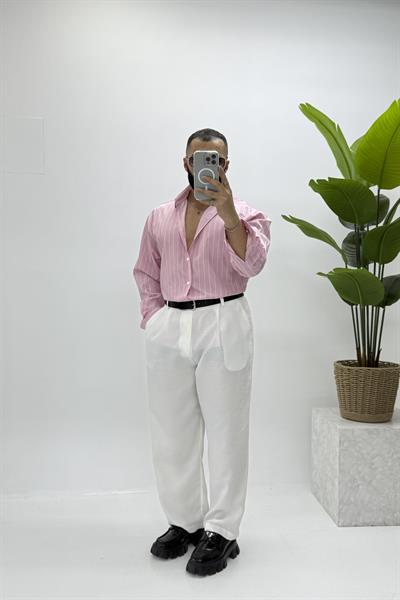 OVERSİZE ÇİZGİLİ GÖMLEK PUDRA