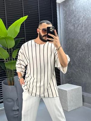 oversize fakir kol siyah çizgili triko