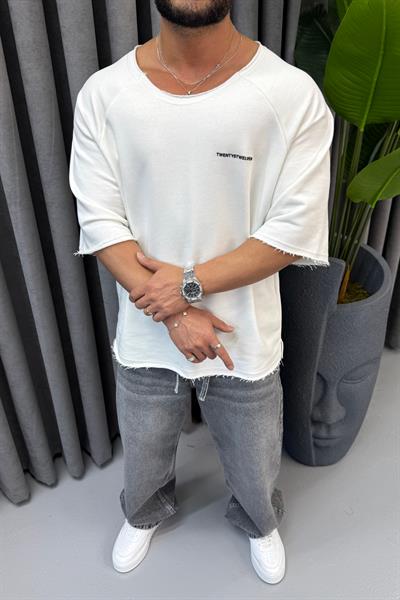 OVERSİZE KESİK YAKA T-SHİRT BEYAZ