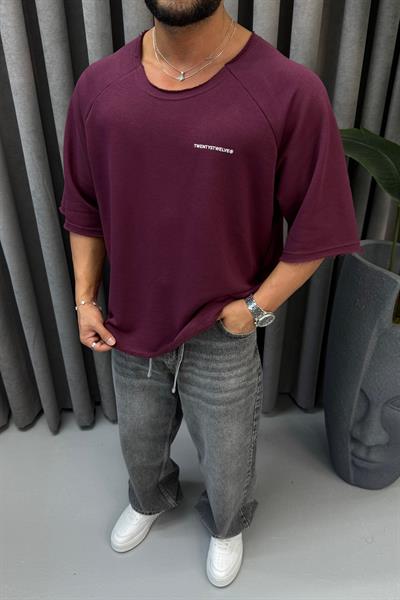 OVERSİZE KESİK YAKA T-SHİRT BORDO