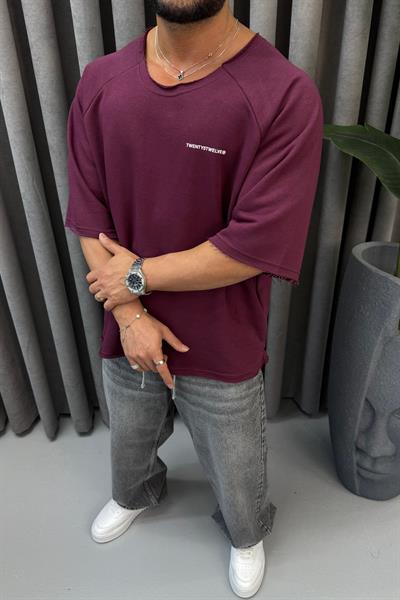 OVERSİZE KESİK YAKA T-SHİRT BORDO