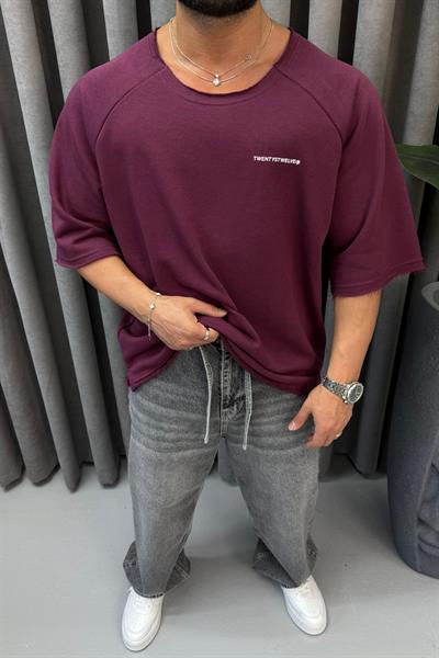 OVERSİZE KESİK YAKA T-SHİRT BORDO
