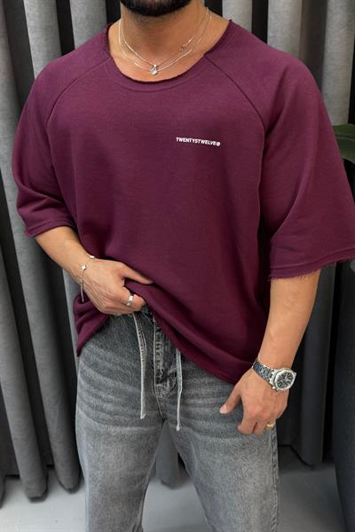 OVERSİZE KESİK YAKA T-SHİRT BORDO