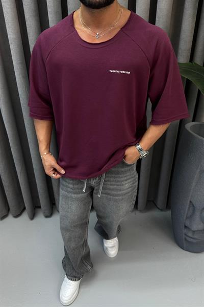 OVERSİZE KESİK YAKA T-SHİRT BORDO