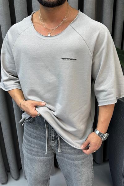 OVERSİZE KESİK YAKA T-SHİRT GRİ