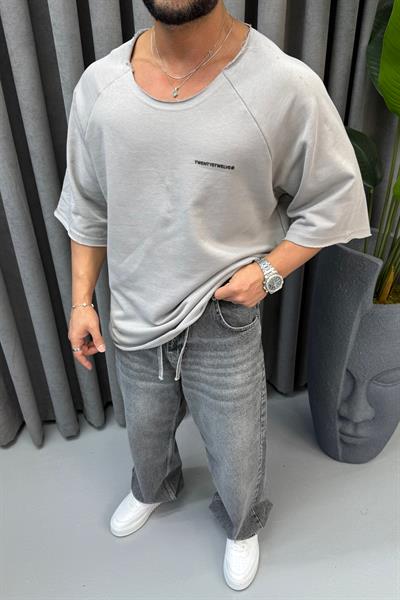 OVERSİZE KESİK YAKA T-SHİRT GRİ