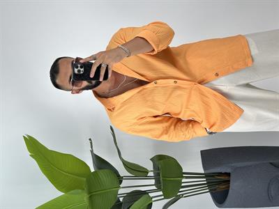 oversize keten gömlek haki turuncu