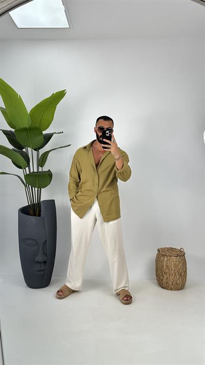 oversize keten gömlek haki yeşil