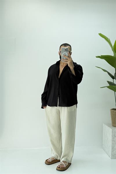 OVERSİZE KETEN GÖMLEK SİYAH