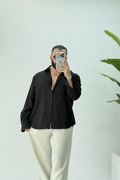 OVERSİZE KETEN GÖMLEK SİYAH