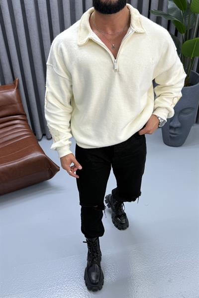 OVERSİZE NAKIŞ DETAYLI FERMUARLI SWEAT KREM