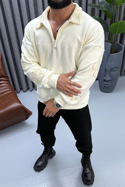 OVERSİZE NAKIŞ DETAYLI FERMUARLI SWEAT KREM