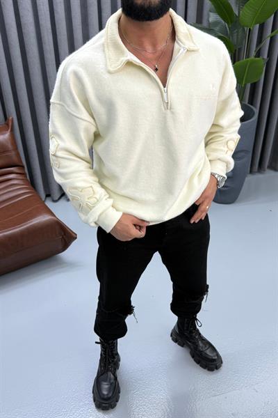 OVERSİZE NAKIŞ DETAYLI FERMUARLI SWEAT KREM