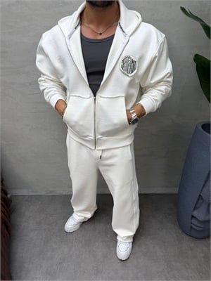 OVERSIZE ÖRME ÜÇ İPLİK KAPÜŞONLU SWEAT BEYAZ