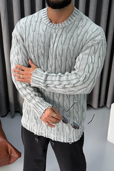 OVERSİZE YIKAMALI ÖRME KAZAK GRİ