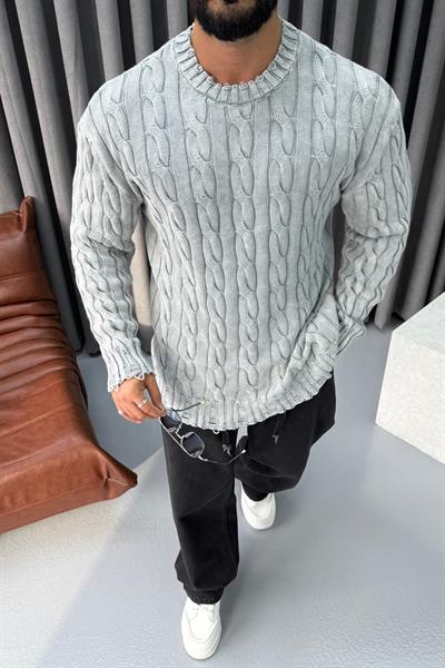 OVERSİZE YIKAMALI ÖRME KAZAK GRİ