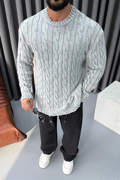 OVERSİZE YIKAMALI ÖRME KAZAK GRİ