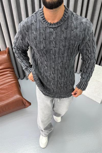 OVERSİZE YIKAMALI ÖRME KAZAK KOYU GRİ