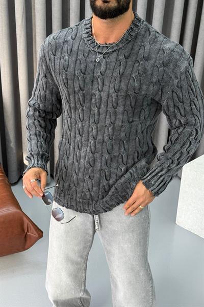 OVERSİZE YIKAMALI ÖRME KAZAK KOYU GRİ