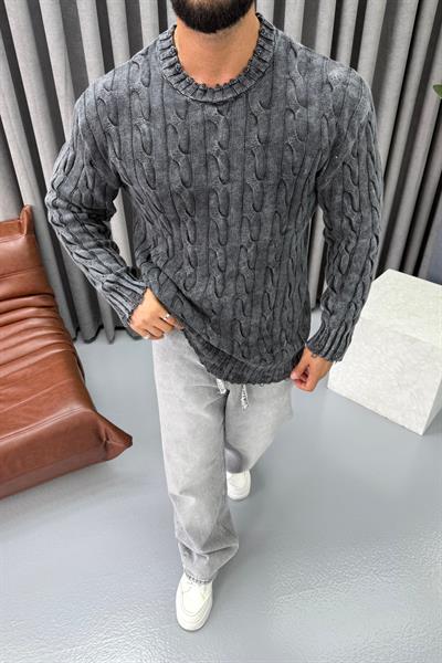 OVERSİZE YIKAMALI ÖRME KAZAK KOYU GRİ