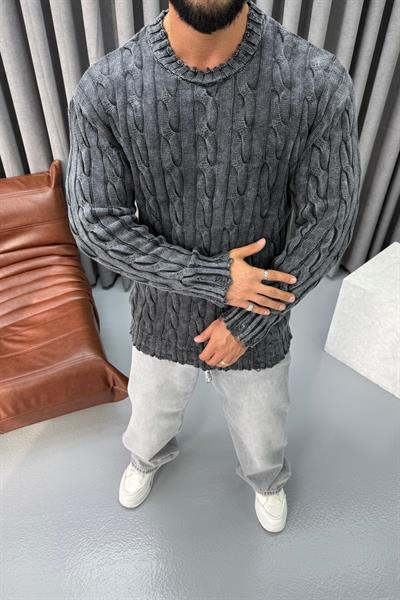 OVERSİZE YIKAMALI ÖRME KAZAK KOYU GRİ