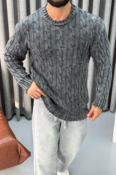 OVERSİZE YIKAMALI ÖRME KAZAK KOYU GRİ