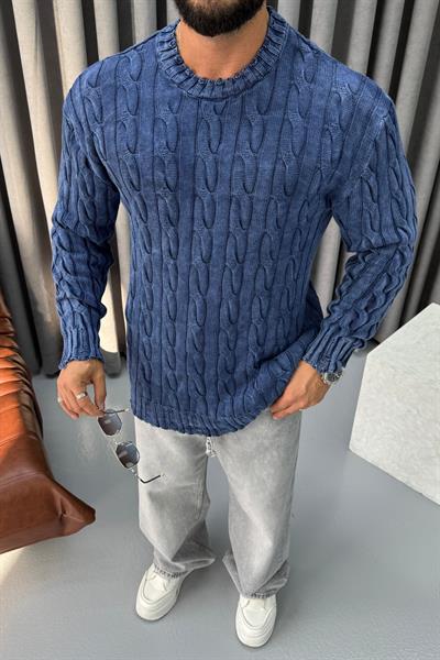 OVERSİZE YIKAMALI ÖRME KAZAK LACİVERT