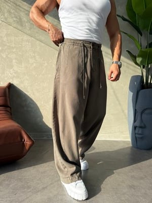 ÖZEL KUMAŞ İP DETAYLI SÜPER BAGYY PANTOLON HAKİ