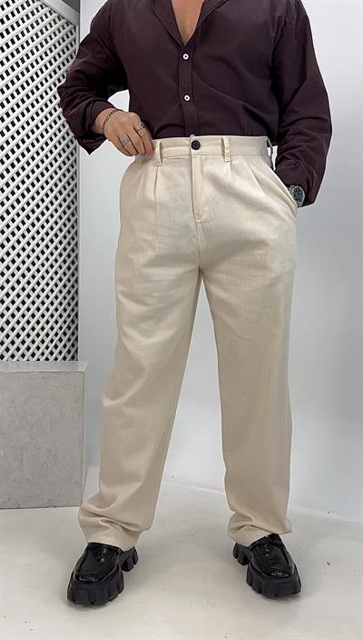 Pileli Keten Baggy Pantolon Krem