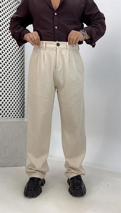 Pileli Keten Baggy Pantolon Krem