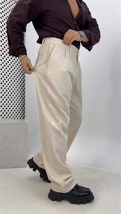 Pileli Keten Baggy Pantolon Krem