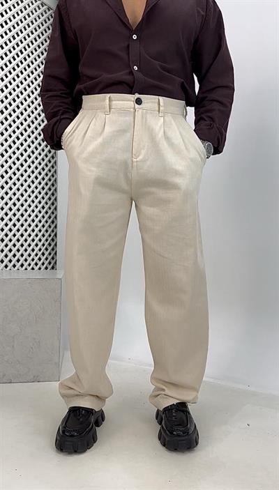 Pileli Keten Baggy Pantolon Krem
