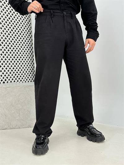 Pileli Keten Baggy Pantolon Siyah