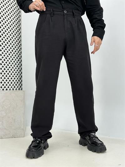 Pileli Keten Baggy Pantolon Siyah