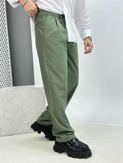 Pileli Keten Baggy Pantolon Yeşil