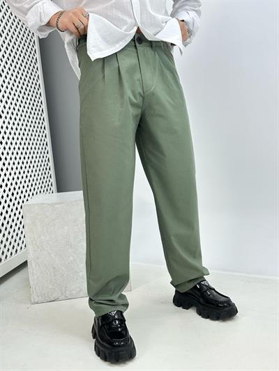 Pileli Keten Baggy Pantolon Yeşil