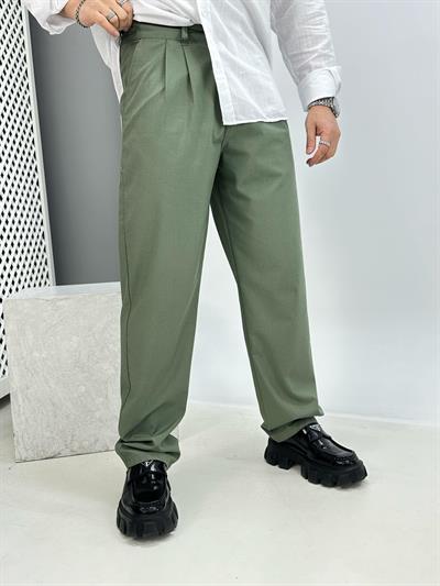 Pileli Keten Baggy Pantolon Yeşil