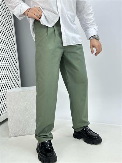 Pileli Keten Baggy Pantolon Yeşil