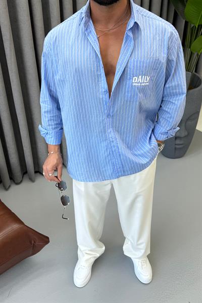 PREMİUM CEP DETAYLI OVERSİZE GÖMLEK MAVİ